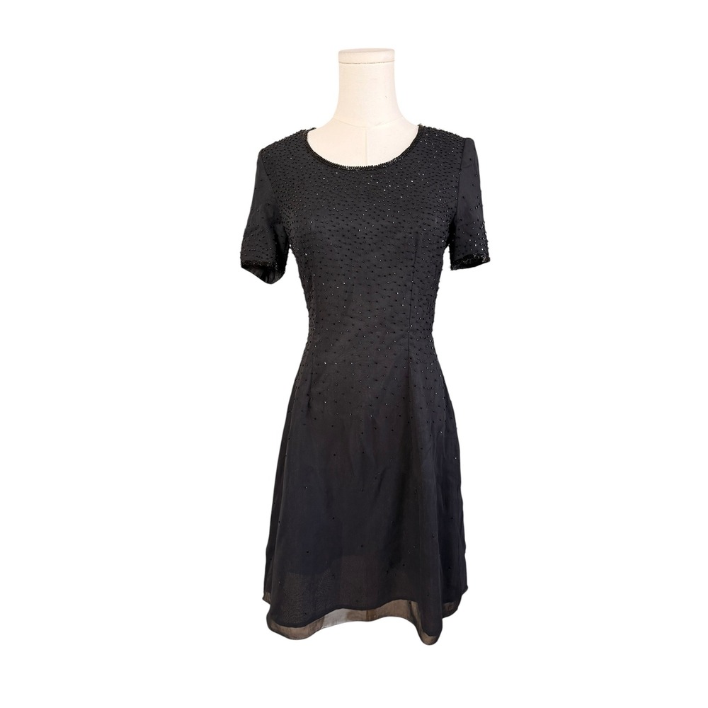 Richards Black Beaded Chiffon Cocktail Dress Short Sleeve Size UK 10 EUR 38